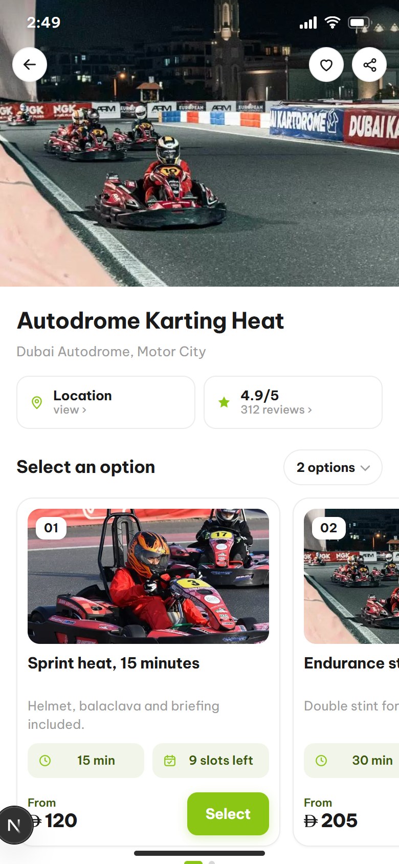 A experiences listing in the Hobber app