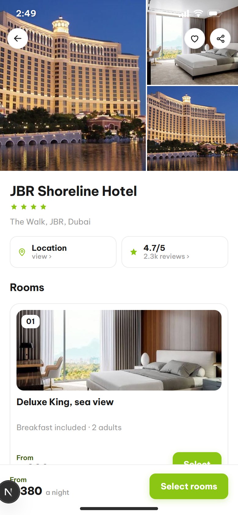 A hotels listing in the Hobber app