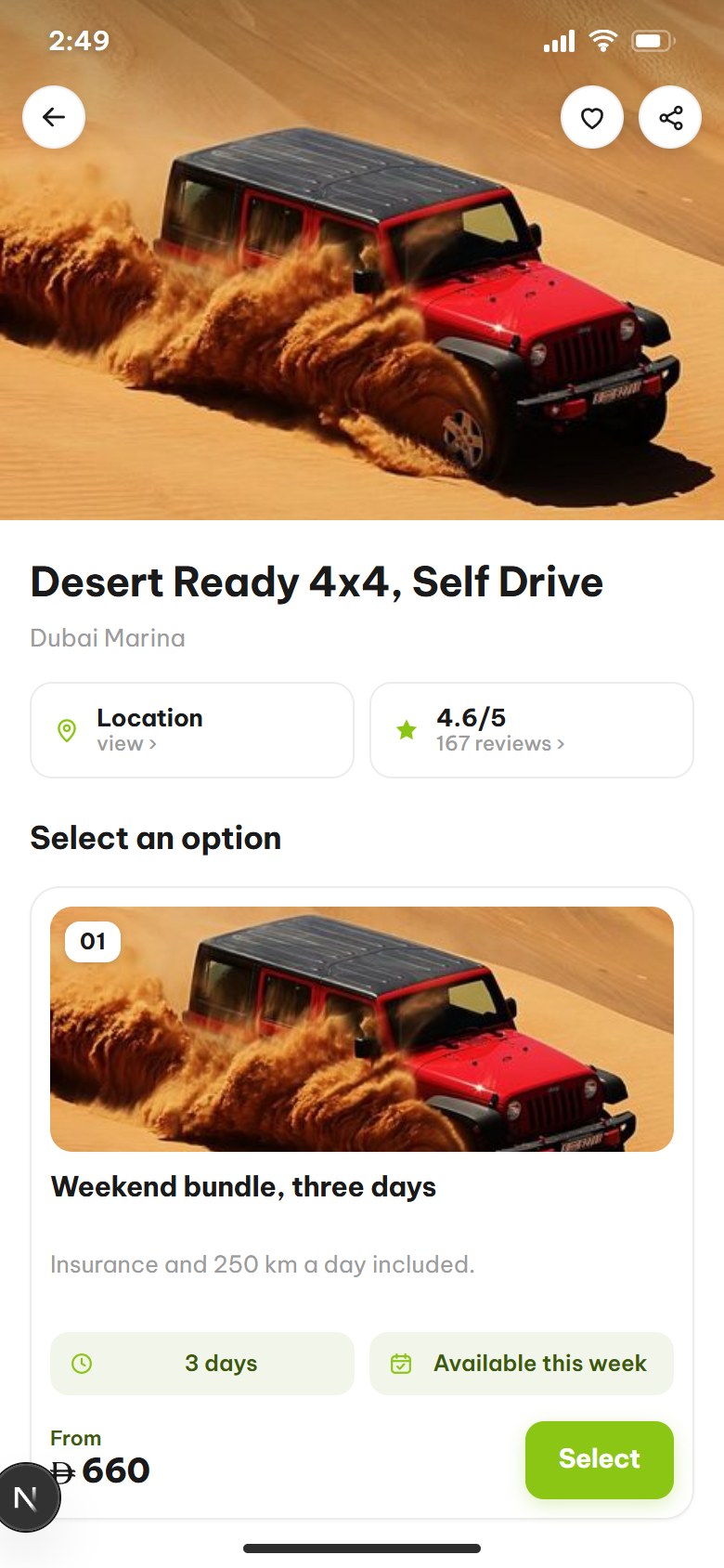 A car rental listing in the Hobber app