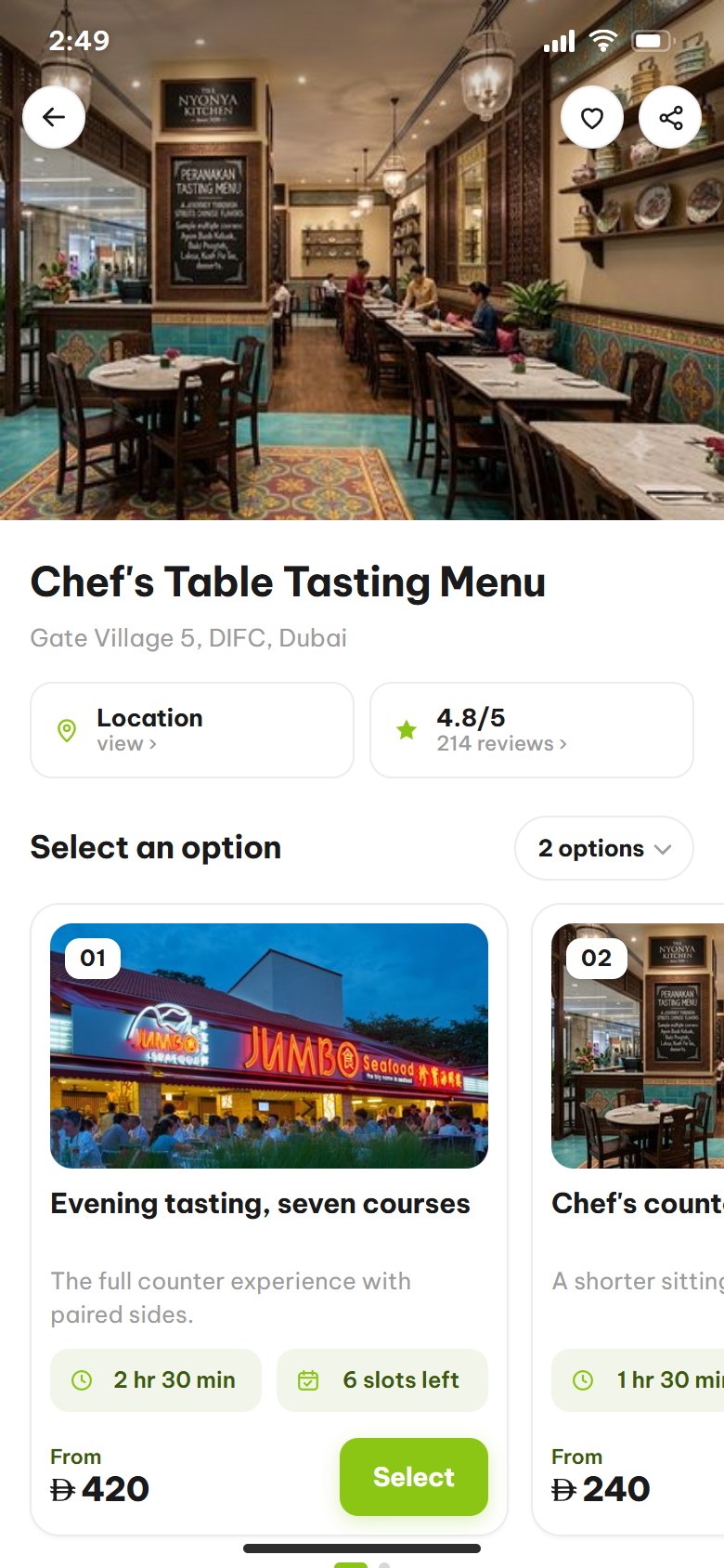 A restaurants listing in the Hobber app